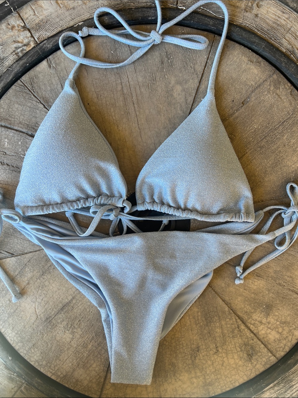 Shimmery Light Blue Triangle Tie Bikini Set Large B45 ruching bottom
